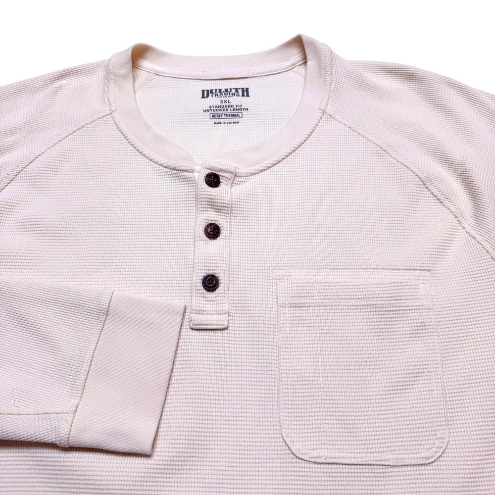 Duluth Trading Henley Shirt Mens 3XL Cream Burly Thermal Long Sleeve‎ Pocket